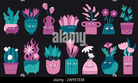 Abstrakte Pflanzen. Grafikblumen, naiver Farb-Frühlingsgarten, Homeplants in Töpfen, grüne trendige Doodle-Elemente, infantiles Blatt. Handgezeichneter Ficus, p Stock Vektor