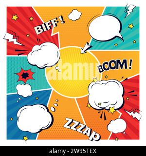 Comicbuch. Zeichentrickblase, Sprechpfeil, Seitenvorlage mit Ballon, Retro-Art-Wolke. Boom-Effekte mit Kopierraum. Lustiger Rahmen mit Konv Stock Vektor