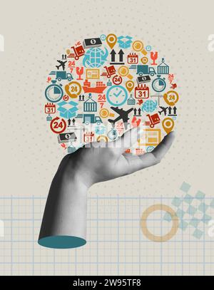 Vektorillustration für Versandanlieferung. Menschliche Hand in kreisförmiger Form mit Logistiksymbolen im trendigen Rasterton-Retro-Collage im Stil der 90er Jahre. Stock Vektor