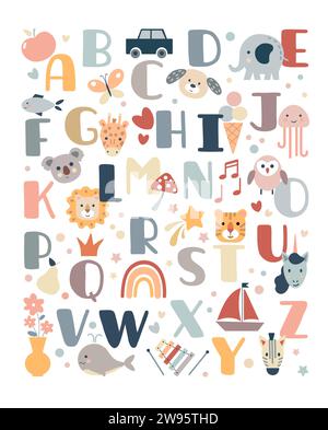 Tieralphabet. Baby Boho Kinderzimmer Großbuchstaben. Böhmisches Poster mit niedlichem Regenbogen und Wolken. Englische ABC-Schriftart. Magische Kinderkarte. Kindererziehung. Stock Vektor