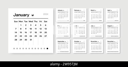 Kalender minimalistisch 2024. Jahreskalender, Monatsvorlage, Datum- und Wochengrafik für Tisch oder Wand. Layout Organizer Papierbögen. Einfaches Busin Stock Vektor