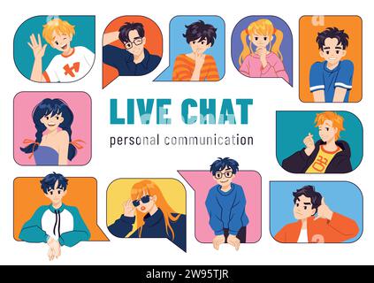 Menschen handeln. Live-Chat. Online-Nachrichten. Digitale Kommunikation. Geschäftsgespräch. Die Gesichter der Schüler. Junge Menschen. Benachbarter im Fenster. Web Messenger und Vid Stock Vektor