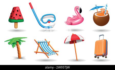 3D-Strandsymbole. Sonnenreise im Sommer. Urlaub am Meer. Aufblasbares Flamingospielzeug oder -Ball. Süßes Essen. Wassermeloneneis. Cocktail-Kokosgetränk. Palme. Stock Vektor