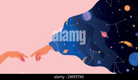 Adam-Schöpfung. Hände berühren sich in der Cloud. COSMOS Science Dream. Gott zusammen in der Weltraumgalaxie. Universumssterne oder Planeten. Armfinger verbinden sich. Kreative Bilder Stock Vektor