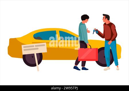 Trendige Einkaufsmenschen. Kunde mit Kaufgepäck und Autofahrer in der Nähe des Taxis. Auto-Fahrerhaus zum Einkaufszentrum. Stadtverkehr. Gelbes Auto. Frau, die Kleidung kauft Stock Vektor