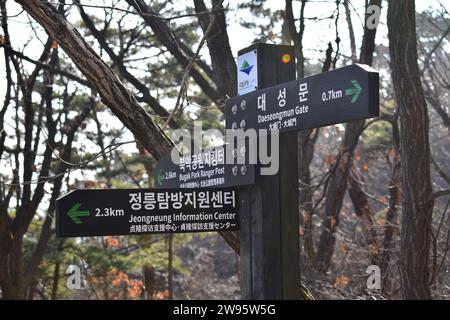 Holzpfosten mit drei Informationstafeln, die Wegbeschreibungen für Wanderer im Bukhansan-Nationalpark zeigen Stockfoto