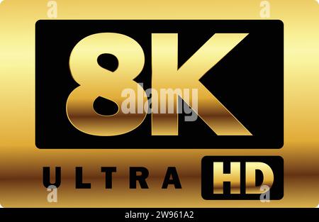 8K-Auflösung Ultra HD-Zeichen | 8K in Golden Ultra HD-Etikettenvektor | High Resolution Stock Vektor