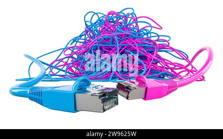 Online-Dating-Konzept. Rosafarbene und blaue lan-Kabel in verwickeltem Kabelstrang. 3D-Rendering isoliert auf weißem Hintergrund Stockfoto