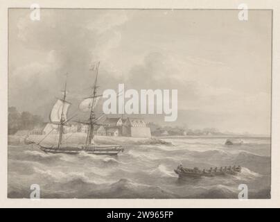 Fort Zeelandia, nach 1849 – vor 1851, das Fort Zeelandia in Paramaribo vom Suriname aus gesehen. Die niederländische Flagge winkt am Fahnenmast von Fort Zeelandia. Auf der linken Seite segelt ein brik, der sein Segeln bügelt, wenn er sich der Stadt nähert. Rechts im Vordergrund, ein Zeltboot mit sechs Rudern, ein Matte segelt hinten und mindestens ein Passagier vor dem Dach. Das Gepäck ist auf dem Dach. Ein pondo segelt in der Ferne, ein kleines Frachtschiff mit einem Dach aus Bananenblättern. Paramaribo Papierfestung. Küste. Segelschiff, Segelboot Fort Zeelandia. Paramaribo. Suriname Stockfoto