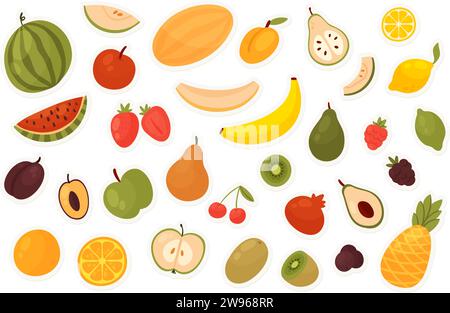 Obst und Beeren, Lebensmittel Aufkleber Set Vektor-Illustration. Cartoon Scheiben und ganze Apfel Himbeere Zitrone Orange Banane Erdbeere Wassermelone Birne Ananas Brombeere Pflaume isoliert auf blauem Hintergrund Stock Vektor