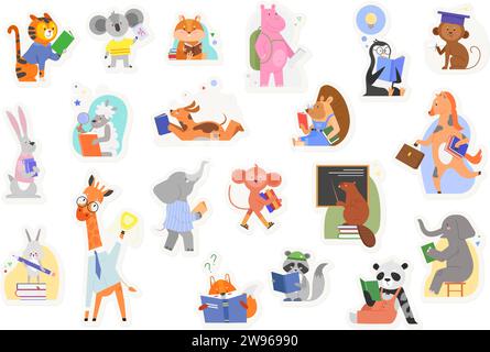 Schüler Tiere, niedliche Spielzeug Aufkleber für Kinder Set Vektor-Illustration. Cartoon lustige glückliche wilde Charaktere studieren Alphabet mit Büchern und Tafel. Zurück zur Zooschule, Bildungskonzept Stock Vektor