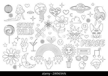 Grooviges Retro-Sticker-Set. Lustige Comic-Charaktere, Doodle-Patches und funky abstrakte Formen für Hippie-Disco-Partys, trippige Emojis und psychedelische Elemente in Outline Collection Vektor Illustration Stock Vektor