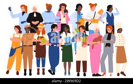 Frauen verschiedener Berufe zeigen Vektor-Illustration. Cartoon isoliert viele Mädchen in Berufskleidung stehend, Richterin und Wissenschaftlerin, Fahrer und Flugbegleiterin, Astronaut und Keramikerin Stock Vektor
