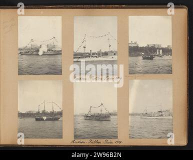 Hudson-Fulton Celebration, 1909, Willy Moos, 1909 Foto-Album-Magazin mit sechs Fotos von Schiffen, einschließlich der Replik von Half Maen, während einer Parade auf dem Wasser auf der Hudson-Fulton Celebration in New York, die 300-jährige Feier der Entdeckung des Hudson River durch Henry Hudson im Jahr 1609 und die 100-jährige erste erfolgreiche Geschwindigkeit durch Robert Fulton aus einem Raderstoomboot im Jahr 1809. Teil des Fotoalbums einer Reise von Willy Moos nach Kanada und in die USA im Jahr 1909. New York (City) Zeitung. Fotografische Unterstützung Gelatine Silberdruck Segelschiff, Segelboot. Dampfschiff, Motorschiff Stockfoto