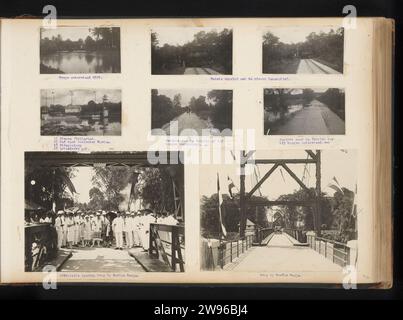 Zugunglück und Eröffnung einer neuen Brücke bei Poeloe Raja, Anonym, 1929 Foto Leaf mit sechs kleinen Fotos einer entgleisten Lokomotive und Hochwasserspiegel und zwei großen Fotos von der feierlichen Eröffnung der neuen Brücke bei Poeloe Radja (Pulau Raja) auf Nord-Sumatra, 1929. Unter den Fotos mit Beschriftungen. Teil des Fotoalbums über die Brüsseler und pernantischer Plantagen der Sumatra Caoutchouc Maatschappij an der Ostküste Sumatras in den Jahren 1910–1935. Sumatra fotografische Unterstützung. Pappgelatine Silberdruckplantage. Hochwasser. Brücke. Unfall mit der Lokomotive Sumatra Stockfoto