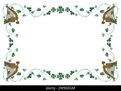 Gestell aus Kleebrügen mit Keltenharfen. Dekoration für St.. Patrick's Day. Isolierte Aquarellillustration auf weißem Hintergrund. Clipart Stockfoto