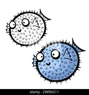 Zeichentricktiere Set Puffer Fish Fugu Muster zum Einpacken von Papier und Stoffen und Bettwäsche sowie Kinderbekleidung, festlichen Verpackungen und Sommeraccessoires Stockfoto