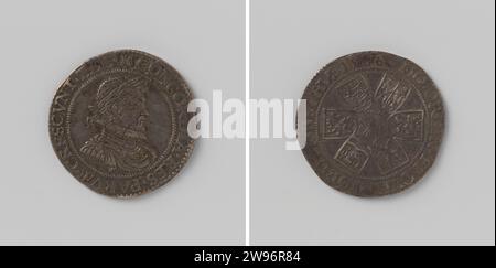 Strom von einem halben reichen Dollar Leicester, Münze für die Provinz Zeeland, 1586 Münze Silbermünze. Vorne: Brustschmuck Mann mit Lorbeerkranz im Wechsel. Rückseite: Pfeilbündel, umgeben von sechs Wappen in Omschrift Zeeland Silber (Metall) markant (Metallverarbeitung) Stockfoto