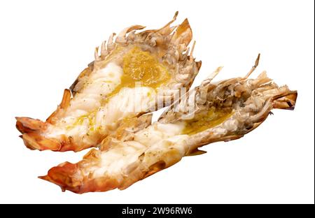 Gegrillte Flussgarnelen oder Hummer sind auf weißem Hintergrund mit Schneidepfad isoliert. Stockfoto