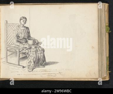 In Woman Inside and House, Esaias Boursss, 1662 in einem Raum mit engen weißen Wänden, sitzt eine Eurasierin auf einem hölzernen Sessel. Sie trägt einen langen Wickelrock (Redda) aus Stoff mit Blumenmotiv und eine breite portugiesische Bluse mit langen Ärmeln (Hate). Das Haar mit einer Scheidung in der Mitte wird fest gekämmt in einem falschen (Condé). Ihre rechte Hand liegt auf ihrem Schoß, neben einer Pfanne, die sie mit ihrer linken Hand hält. Der Stuhl ist ein einfaches portugiesisches Modell mit Sitz und Rücken aus gewebtem Korb oder Rattan. Es scheint ein Schaukelstuhl zu sein. Die Pfanne ohne Griffe oder Stiel besteht wahrscheinlich aus Messing oder Kupfer. Seite 20 Stockfoto