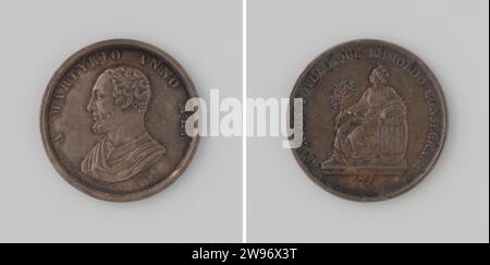 Tausend fünfzig Jahre alte Feier des Martyriums von St. Rumoldus, Muster der Stadt Mechelen, Adolphe Jouvenel, Geschichte Medaille 1825 Bronze Medaille. Vorne: Bruststück Mann innen Wechsel. Umgekehrt: Gekrönte Frau mit Olivenzweig und Wappen innerhalb der Schicht; Schnitt: Unterschrift. Belgien Bronze (Metall) Strick (Metallbearbeitung) Mechelen Stockfoto