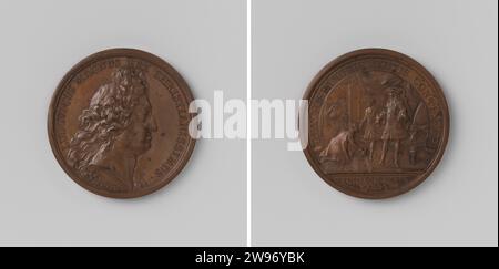 Ludwig XIV. Erlaubt Philipp von Anjou, die spanische Krone, Jean Mauger, 1699–1703 Geschichte Medaille Bronze Medaille anzunehmen. Vorne: Bruststück Mann innen Wechsel. Rückwärts: Spanischer Gesandter kniet für den neuen König, dessen Hand er küstet, zusätzlich Louis innen, über der Inschrift Paris Bronze (Metall) markant (Metallbearbeitung) Spanien Stockfoto