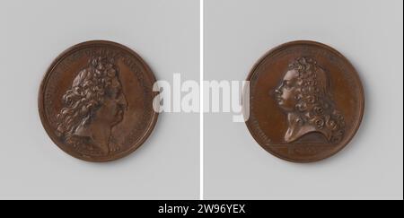 Ludwig XIV. Und Philip van Anjou, König von Spanien, Jean Mauger, 1699–1703 Geschichtsmedaille Bronzemedaille. Vorne: Bruststück Mann innen Wechsel. Rückwärts: Bruststück Mann in der Abdeckung. Paris Bronze (Metall) auffällig (Metallverarbeitung) Spanien Stockfoto