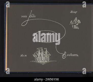 Von Köln nach Bochum, Anonym, 1939 Zeichnung Albumblad markiert 'Krieg' mit einer Zeichnung, in der die Route von Köln nach Bochum angegeben ist, verziert mit einer Friedenstaube und einem Segelschiff aus dem 17. Jahrhundert, November 1939. Teil eines deutschen Militäralbums Second World war 1939–1940. Deutschland Papier. Tintenstift Segelschiff, Segelboot. Die Taube kehrt mit einem Olivenzweig zurück  Geschichte von Noah. Symbole, Allegorien des Friedens, 'Pax'; 'Pace' (Ripa) Deutschland Stockfoto