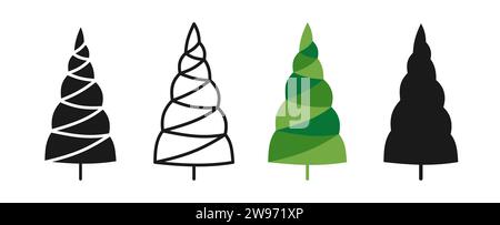 Zeichentrick und Kritzelei mit Weihnachtsbaumsymbolen, Stilzeichen mit Stempel. Weihnachtsfeier für Weihnachten, traditionelle Stilkiefer, Design für Grußkarte, Einladung und Banner. Geometrische Weihnachtsbäume Vektor Stock Vektor