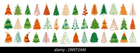 Zeichentrickset für Weihnachtsbäume. Silvester und Weihnachten traditionelle Symbolbäume, Kiefern Design für Grußkarte, Einladung, Banner Poster. Verschiedene Weihnachtsbaum abstrakte Hand gezeichnete Kritzelhölzer Vektor Stock Vektor