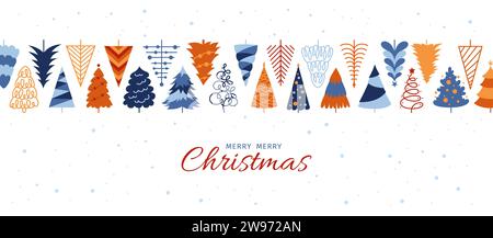 Frohe Weihnachten Happy New Year-Banner mit festlichen Bändern. Winter Xmas Dekoration horizontaler Hintergrund mit abstrakten Tannen. Vektor-Hintergrundeposter zur Feier der Einladung Stock Vektor
