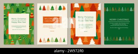 Set mit trendigem Cover-Postkartendesign für Weihnachtsbäume. Neujahr und Weihnachten traditionelles Symbol Pinienmuster Blatt Flyer, Notizbuchplaner. Broschüre Katalog für soziale Medien. Hintergrund der dekorativen Kartenseite Stock Vektor