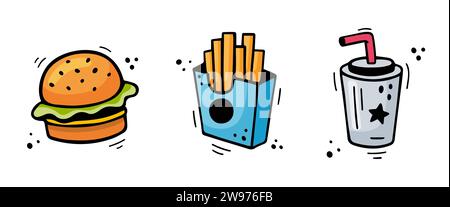 Fastfood-Symbole – Burger, Pommes Frites, Pappbecher mit Getränk. Handgezogenes Fastfood-Kombigericht. Comic Doodle Sketch Stil. Vektorabbildung. Bunte Snacks, gezeichnet mit Filzstift. Stock Vektor