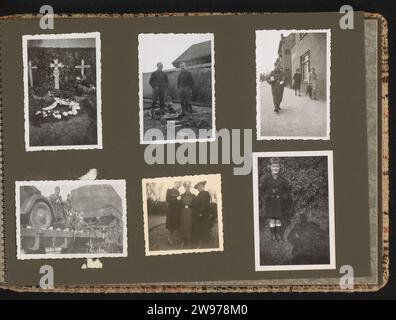 Militärbeerdigung und verschiedene Themen, Anonym, 1940 - 1943 Fotoalbum Magazin mit sechs Fotos einer deutschen Militärbeerdigung, Familie und Freunde, Straßenszene und Militärtransport. Teil des Fotoalbums Deutsche Besatzung der Niederlande. Unterstützung für Fotos in den Niederlanden. Pappe Gelatine Silberdruck die Firma, die Einheit, die Truppe  Militärdienst. Trauerfeier. Blumen oder Kranz auf das Grab legen. Militärfahrzeuge Niederlande Stockfoto