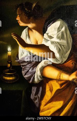 Judith und ihre Magd von Artemisia Gentileschi, italienisches Barockgemälde, Öl auf Leinwand. Detail des Gemäldes Stockfoto