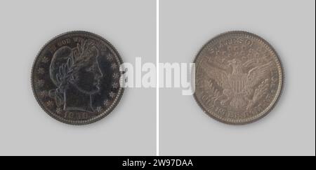 1/4 Dollar aus den Vereinigten Staaten von Amerika, 1900, 1900 Münze Silbermünze. Vorn: Luftiger Kopf mit Freedom Hood (Design Barber) nach rechts, um die Sterne. Jahr unten. Rückwärts: adler mit gespreizten Flügeln mit in seinem rechten Zweig und in seiner linken Klaue Pfeilbündel und auf seiner Brust Wappen, zurückblickend, mit Banderol im Mund mit Inschrift, nach links. Sterne darüber. Wertbezeichnung: Vierteldollar am unteren Rand. Kartellkante. Silber (Metall), auffällig (Metallbearbeitung) Stockfoto