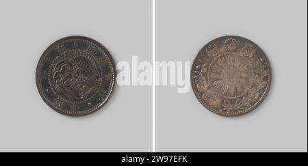 10 des Imperiums Japan, aus der Meiji-Ära, Regierungsjahr 3 [= 1870], 1870 Münze Silbermünze. Vorderseite: Stilisierter Drache im Kreis mit einer Wertangabe in der Umkehrung. Umgekehrt: Zwischen zwei gebundenen Ästen, über denen Symbole, innen die Sonne mit Strahlen umkreisen. Kartellkante. Silber (Metall), auffällig (Metallbearbeitung) Stockfoto