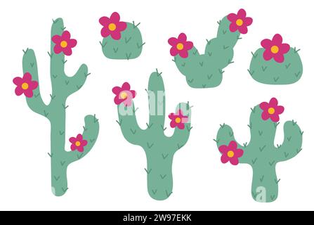 Set aus verschiedenen Kaktuspflanzen mit rosa Blüten. Illustration des Vektors auf weißem Hintergrund isoliert. Stock Vektor