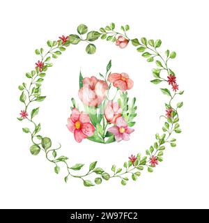 Der Rahmen ist ein Kranz aus wilden Kräutern und Blumen mit einem Blumenstrauß in der Mitte. Aquarellabbildung. Isoliert auf weißem Hintergrund. Stockfoto