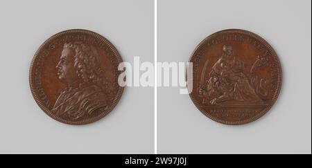 Geburt von Prinz Willem, Sohn von Wilhelm IV. Und Anna van Hannover, Jean Dassier, 1748 Geschichtsmedaille Bronze Medaille. Vorne: Bruststück Mann innen Wechsel. Rückseite: Frau mit Kind am Arm und Horn der Fülle in der Hand sitzt auf liegendem Löwen mit Schwert und Klammern in Klauwen; Schnitt: Inschrift Genfer Bronze (Metall) Streik (Metallverarbeitung) Stockfoto