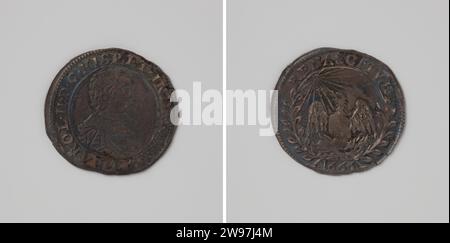 Einweihung von Karl II. Von Spanien als Graf von Flandern, Anonym, Silbermedaille 1666. Vorderseite: Bruststück Junge innen Abdeckung. Umgekehrt: Junger Phönix, der aus den Flammen im Rand der Olivenzweige steigt und Antwerpener Silber (Metall) auffallend (Metallverarbeitung) Flandern zeigt Stockfoto