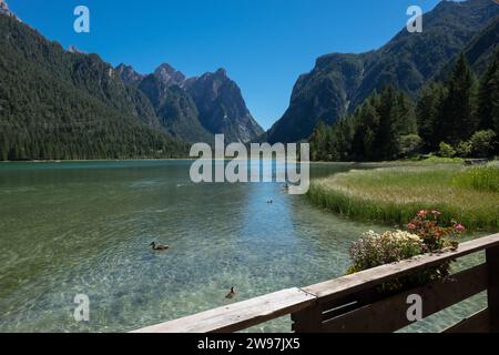 Pragser See - ein Naturparadies in den Pragser Dolomiten Stockfoto