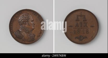 Kongress van Aken, zu Ehren von Alexander I., Zar van Russland, Auguste Francois Michaut, Geschichtsmedaille 1818 Bronzemedaille. Vorne: Bruststück Mann innen Wechsel. Rückseite: Inschrift unter der Skala im Gleichgewicht zwischen dekorativen Motiven Niederlande Bronze (Metall) markant (Metallverarbeitung) Aken Stockfoto