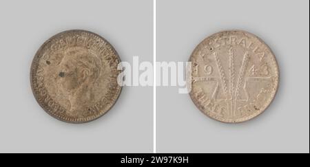 3 Pence aus Australien von König George VI, 1943, 1943 Münze Silbermünze. Vorne: Kopf des Königs links. Umgekehrt: Zwischen dem Jahr drei mit Band gebunden Cornaren. Nationale Bezeichnung oben und Wertebezeichnung unten als Änderung. Glatte Kante. Silber (Metall), auffällig (Metallbearbeitung) Stockfoto