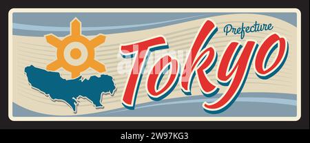 Präfektur Tokio oder Region Japans alte Tafel. Vektor-Reiseplatte, Vintage-Schild, Retro-Postkartendesign. Japanisch-asiatische Metropole Emblem sechs eingefärbte stilisierte Sonne und geografische Karte Stock Vektor