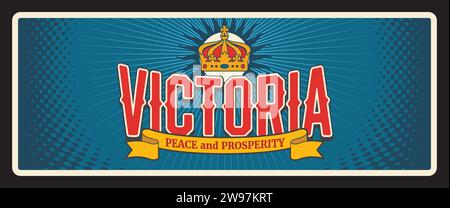 Victoria State, australische Insel Vintage Reiseplatte. Vektorbanner und königliche Krone, Vic State im Südosten Australiens. Der Gartenstaat mit Frieden und Wohlstand Motto, Touristenziel Stock Vektor