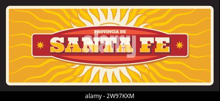 Santa Fe argentinische Region Provinz Retro Vektor Blechschild, Banner oder Postkarte mit Wappen und Sonnenstrahlen. Santa Fe de la Vera Cruz, nordöstlicher argentinischer Zinntafel Stock Vektor