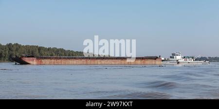 Ein Schubboot transportiert Frachtkahn entlang der Donau Stockfoto