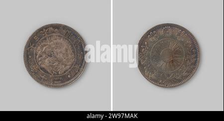 20 Sen of the Empire Japan, aus der Meiji-Ära, Regierungsjahr 3 [= 1870], 1870 Münze Silbermünze. Vorderseite: Stilisierter Drache im Kreis mit einer Wertangabe in der Umkehrung. Umgekehrt: Zwischen zwei gebundenen Ästen, über denen Symbole, innen die Sonne mit Strahlen umkreisen. Kartellkante. Silber (Metall), auffällig (Metallbearbeitung) Stockfoto