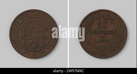 Luxemburg 10 Centimes von Willem III, 1870 , 1870 Münze Kupferprägeanstalt. Vorderseite: Gekröntes, verziertes Wappen mit Münzmeister und Minzzeichen unten [von Utrecht!]. Umgekehrt: Zwischen einem gebundenen Feld und einem Eichenzweig in zwei Wertanzeilen, einschließlich Jahr. Glatte Kante. Brüssel Kupfer (Metall) Anschlagen (Metallbearbeitung) Stockfoto